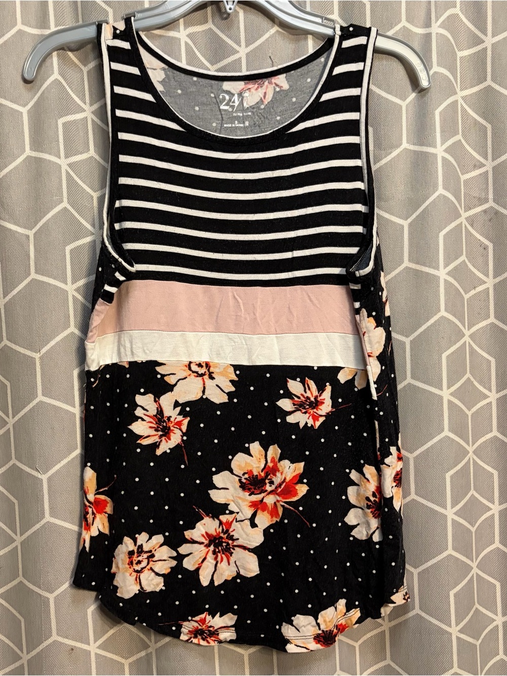 Floral Stripe Mixed-Print Tank Top — Black & Pink